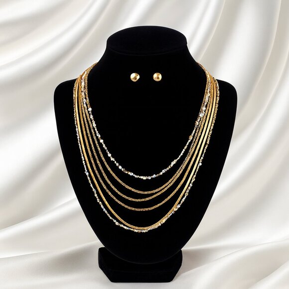 Multi-Strand Gold & Silver Dual-Tone Necklace with Matching Gold Stud Earrings - Picture 1 of 10